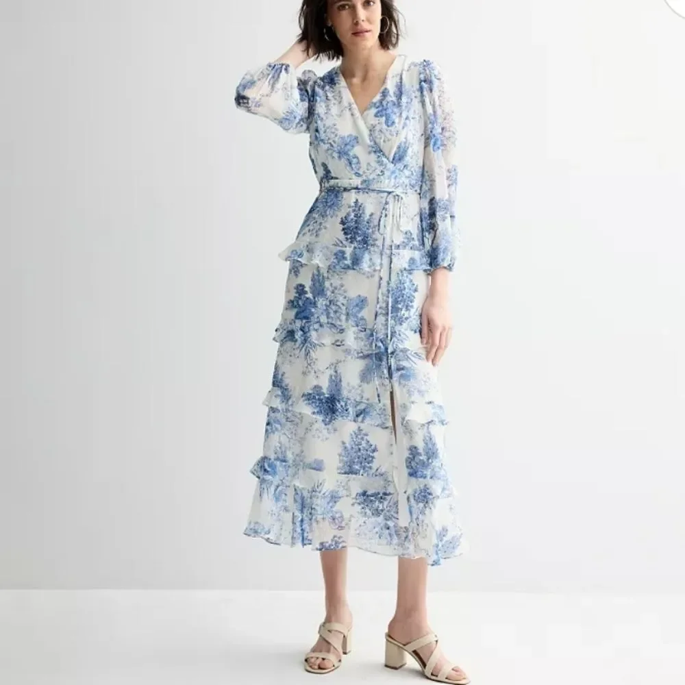 Women's Maison Tara Toile Surplice Tiered Ruffle Maxi DRESS - Picture 3 of 7